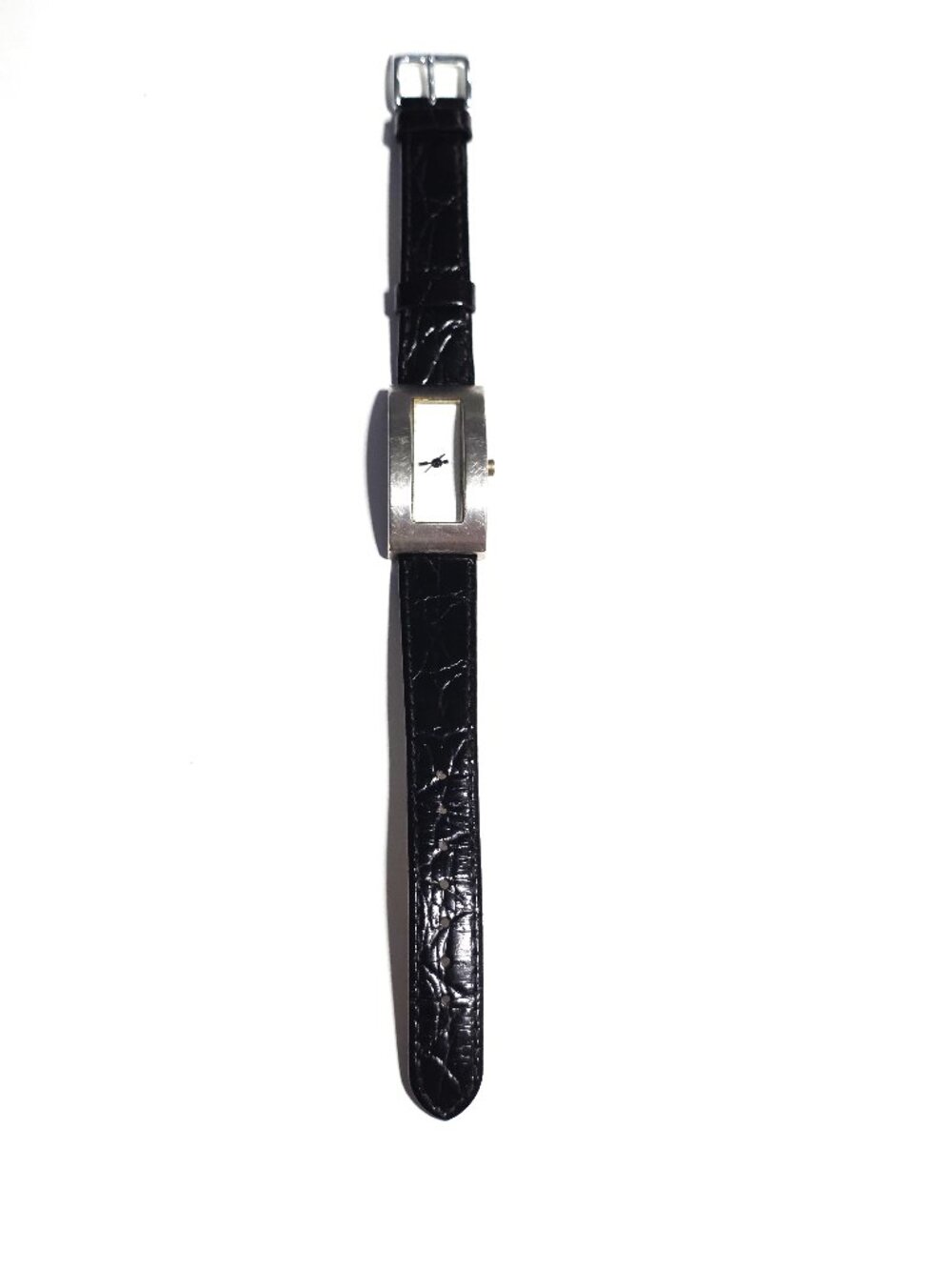 Silver-tone rectangle watch with black textured leather band
